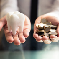 A person holding change in one hand and a model of a tooth in the other.