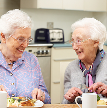 Two senior women enjoying a meal together