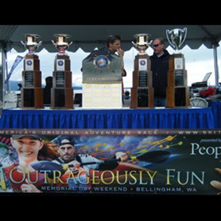 Three trophies on platform