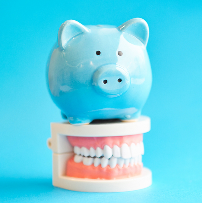 Light blue piggy bank sitting on a model of the teeth